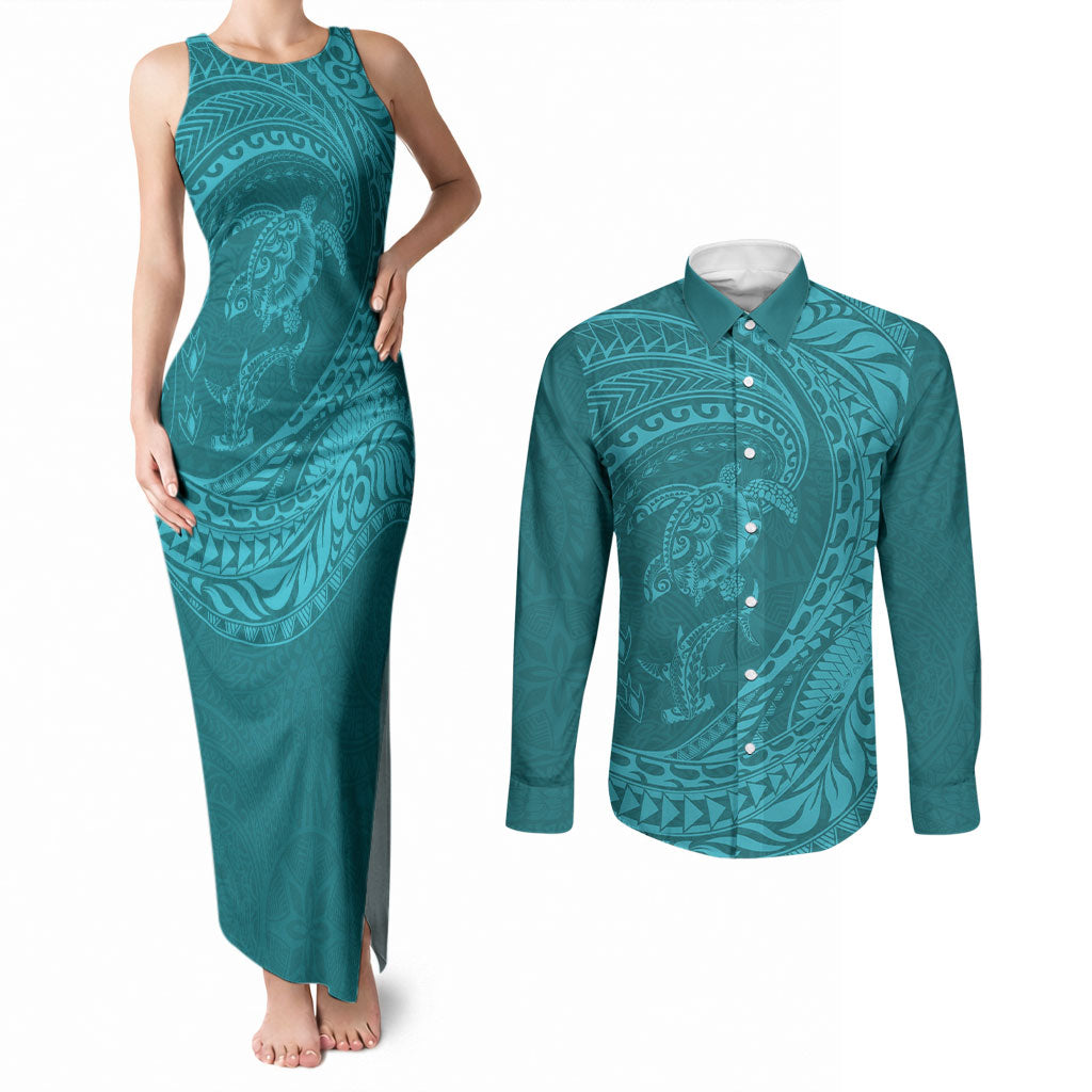Hawaiian Turtle and Shark Couples Matching Tank Maxi Dress and Long Sleeve Button Shirt Kakau Tribal with Polynesian Pattern Turquoise Color LT03 Turquoise - Polynesian Pride