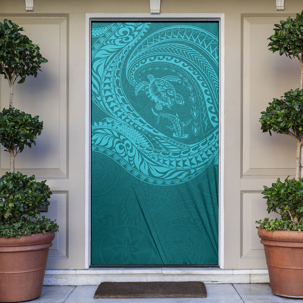 Hawaiian Turtle and Shark Door Cover Kakau Tribal with Polynesian Pattern Turquoise Color LT03 Turquoise - Polynesian Pride