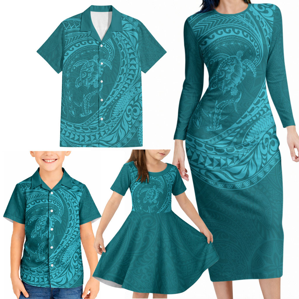 Hawaiian Turtle and Shark Family Matching Long Sleeve Bodycon Dress and Hawaiian Shirt Kakau Tribal with Polynesian Pattern Turquoise Color LT03 - Polynesian Pride