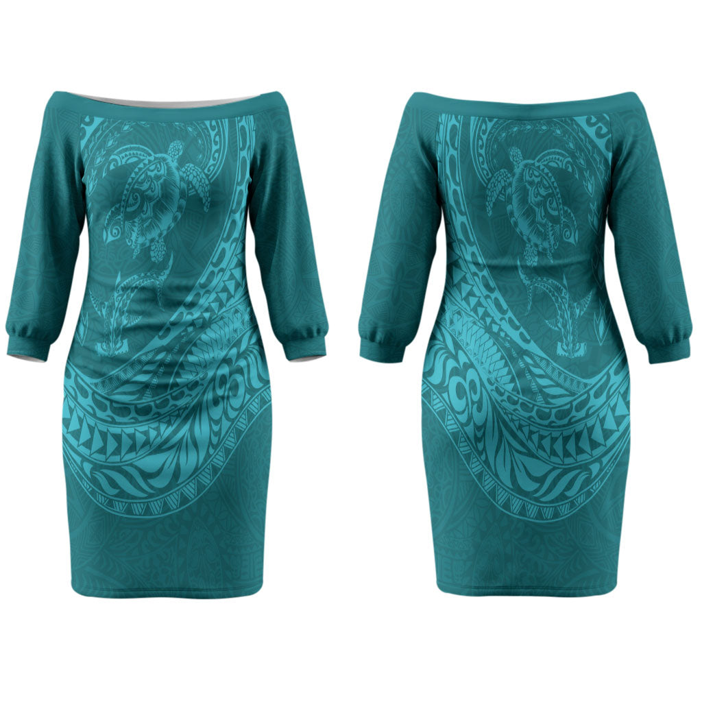 Hawaiian Turtle and Shark Family Matching Off The Shoulder Long Sleeve Dress and Hawaiian Shirt Kakau Tribal with Polynesian Pattern Turquoise Color LT03 Mom's Dress Turquoise - Polynesian Pride
