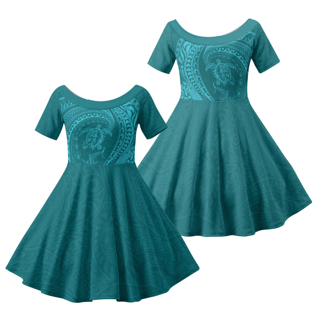 Hawaiian Turtle and Shark Family Matching Off The Shoulder Long Sleeve Dress and Hawaiian Shirt Kakau Tribal with Polynesian Pattern Turquoise Color LT03 Daughter's Dress Turquoise - Polynesian Pride