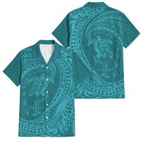 Hawaiian Turtle and Shark Family Matching Off Shoulder Maxi Dress and Hawaiian Shirt Kakau Tribal with Polynesian Pattern Turquoise Color LT03 Dad's Shirt - Short Sleeve Turquoise - Polynesian Pride