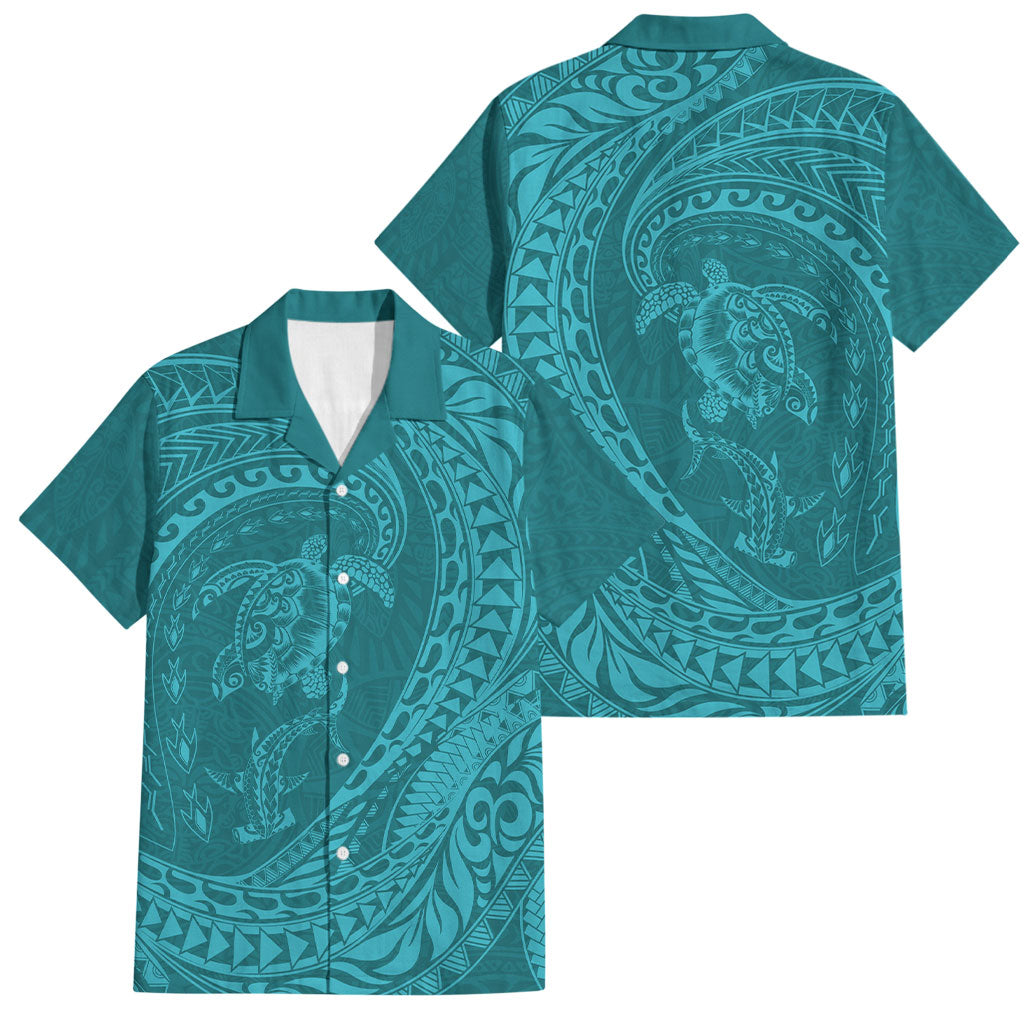 Hawaiian Turtle and Shark Family Matching Puletasi and Hawaiian Shirt Kakau Tribal with Polynesian Pattern Turquoise Color LT03 Dad's Shirt - Short Sleeve Turquoise - Polynesian Pride