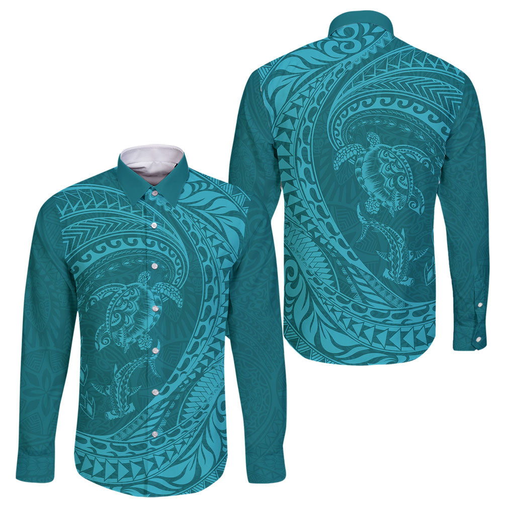 Hawaiian Turtle and Shark Family Matching Summer Maxi Dress and Hawaiian Shirt Kakau Tribal with Polynesian Pattern Turquoise Color LT03 Dad's Shirt - Long Sleeve Turquoise - Polynesian Pride