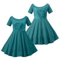 Hawaiian Turtle and Shark Family Matching Summer Maxi Dress and Hawaiian Shirt Kakau Tribal with Polynesian Pattern Turquoise Color LT03 Daughter's Dress Turquoise - Polynesian Pride