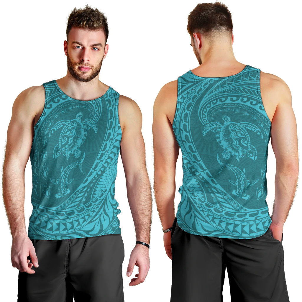 Hawaiian Turtle and Shark Men Tank Top Kakau Tribal with Polynesian Pattern Turquoise Color LT03 - Polynesian Pride