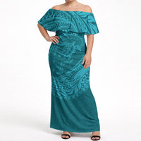 Hawaiian Turtle and Shark Off Shoulder Maxi Dress Kakau Tribal with Polynesian Pattern Turquoise Color LT03 Women Turquoise - Polynesian Pride