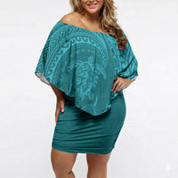 Hawaiian Turtle and Shark Off Shoulder Short Dress Kakau Tribal with Polynesian Pattern Turquoise Color LT03 Women Turquoise - Polynesian Pride