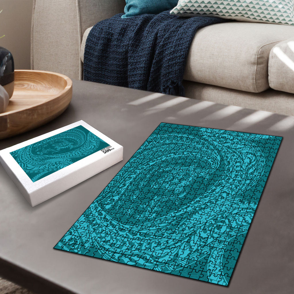 Hawaiian Turtle and Shark Puzzle Kakau Tribal with Polynesian Pattern Turquoise Color LT03 - Polynesian Pride