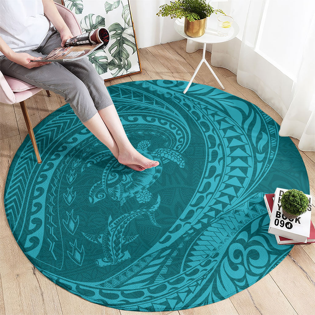 Hawaiian Turtle and Shark Round Carpet Kakau Tribal with Polynesian Pattern Turquoise Color LT03 - Polynesian Pride