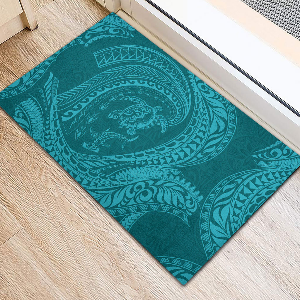 Hawaiian Turtle and Shark Rubber Doormat Kakau Tribal with Polynesian Pattern Turquoise Color LT03 - Polynesian Pride