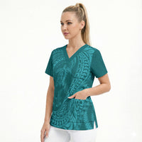 Hawaiian Turtle and Shark Scrub Top Kakau Tribal with Polynesian Pattern Turquoise Color LT03 - Polynesian Pride