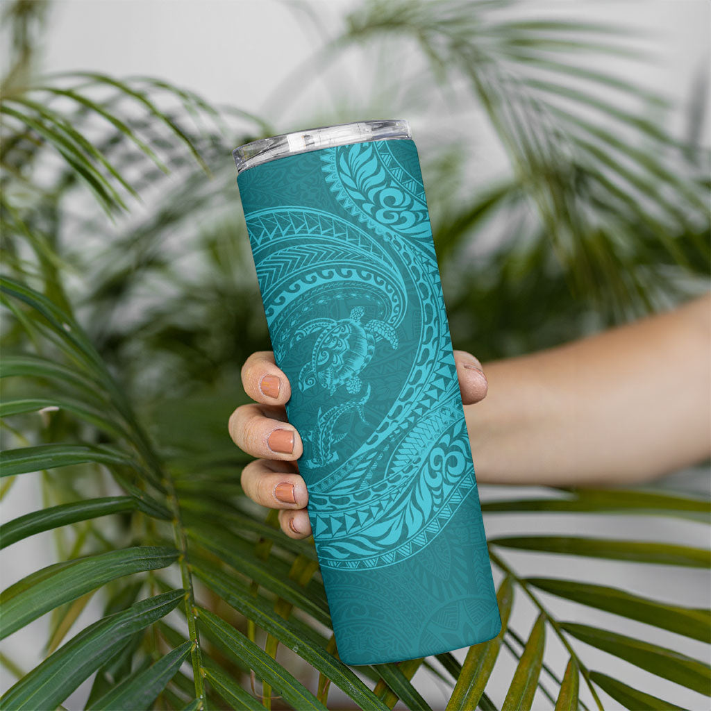 Hawaiian Turtle and Shark Skinny Tumbler Kakau Tribal with Polynesian Pattern Turquoise Color LT03 - Polynesian Pride