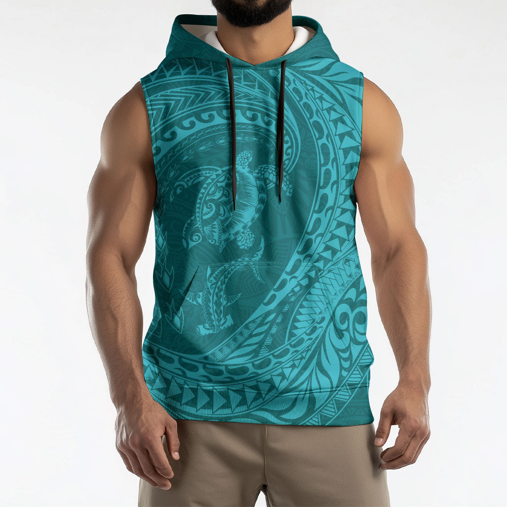 Hawaiian Turtle and Shark Sleeveless Hoodie Kakau Tribal with Polynesian Pattern Turquoise Color LT03 - Polynesian Pride