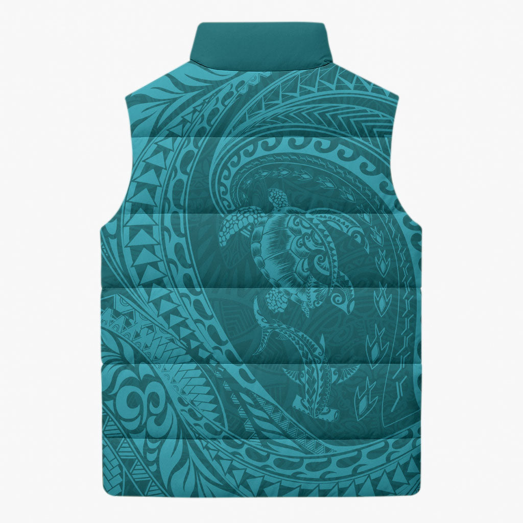 Hawaiian Turtle and Shark Sleeveless Puffer Jacket Kakau Tribal with Polynesian Pattern Turquoise Color LT03 - Polynesian Pride