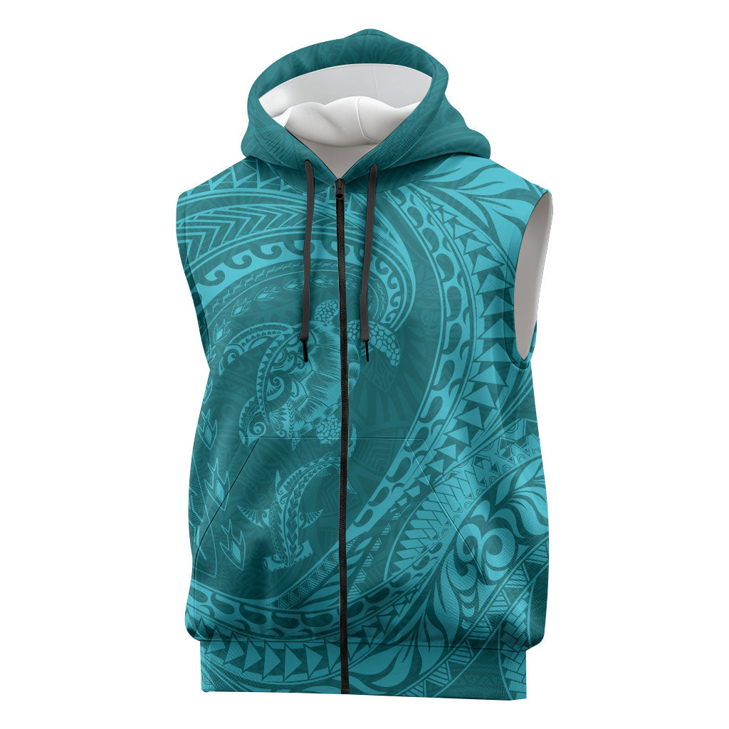 Hawaiian Turtle and Shark Sleeveless Zip Hoodie Kakau Tribal with Polynesian Pattern Turquoise Color LT03 Turquoise - Polynesian Pride