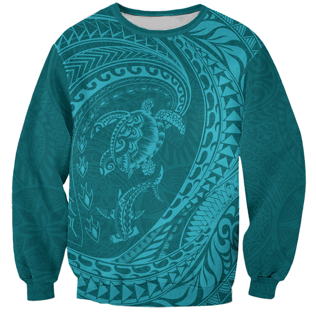 Hawaiian Turtle and Shark Sweatshirt Kakau Tribal with Polynesian Pattern Turquoise Color LT03 Unisex Turquoise - Polynesian Pride