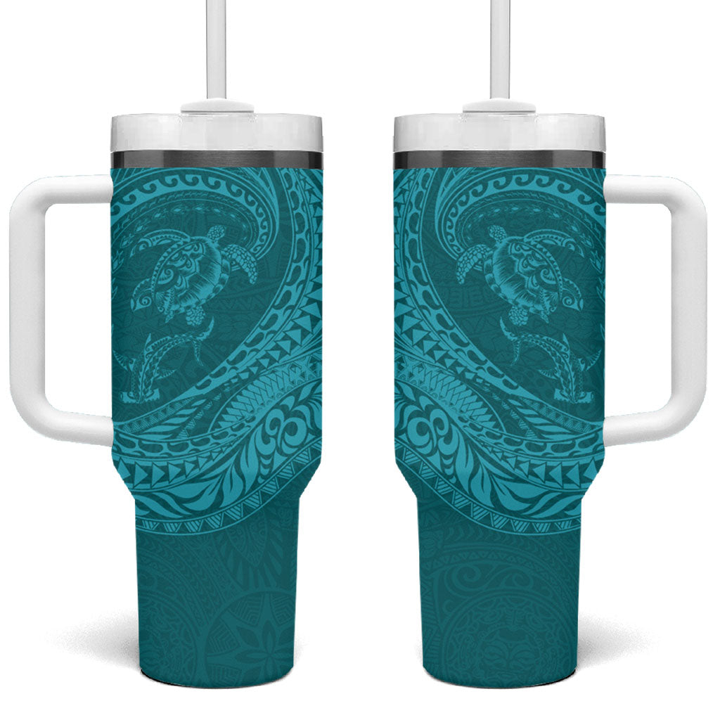 Hawaiian Turtle and Shark Tumbler With Handle Kakau Tribal with Polynesian Pattern Turquoise Color LT03 One Size: 40 oz Turquoise - Polynesian Pride