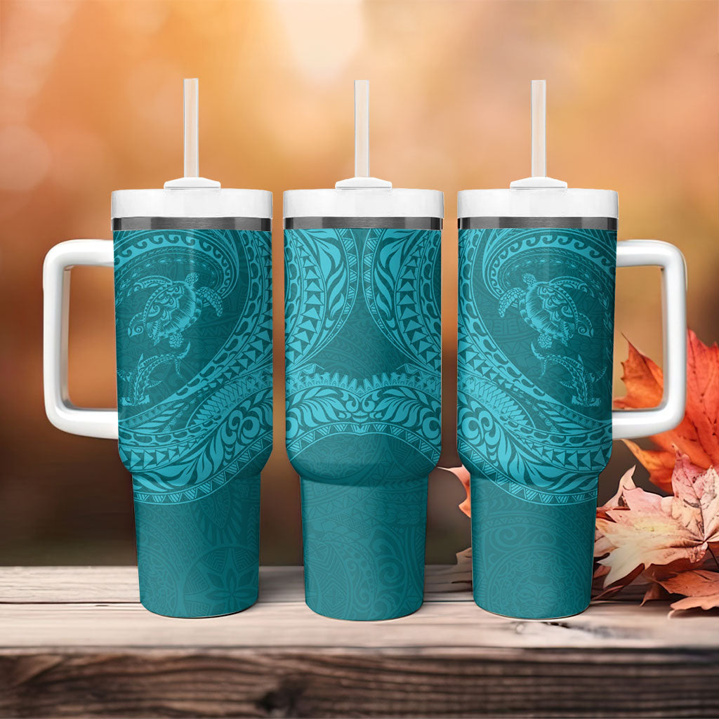 Hawaiian Turtle and Shark Tumbler With Handle Kakau Tribal with Polynesian Pattern Turquoise Color LT03 - Polynesian Pride