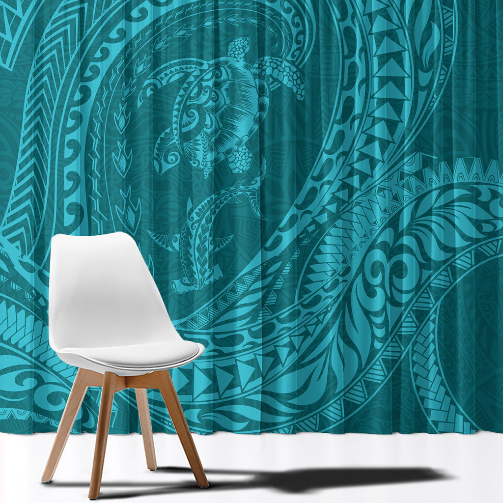 Hawaiian Turtle and Shark Window Curtain Kakau Tribal with Polynesian Pattern Turquoise Color LT03 - Polynesian Pride