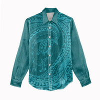Hawaiian Turtle and Shark Women Casual Shirt Kakau Tribal with Polynesian Pattern Turquoise Color LT03 - Polynesian Pride