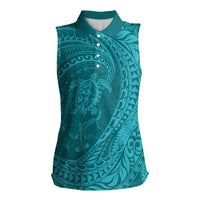 Hawaiian Turtle and Shark Women Sleeveless Polo Shirt Kakau Tribal with Polynesian Pattern Turquoise Color LT03 Female Turquoise - Polynesian Pride
