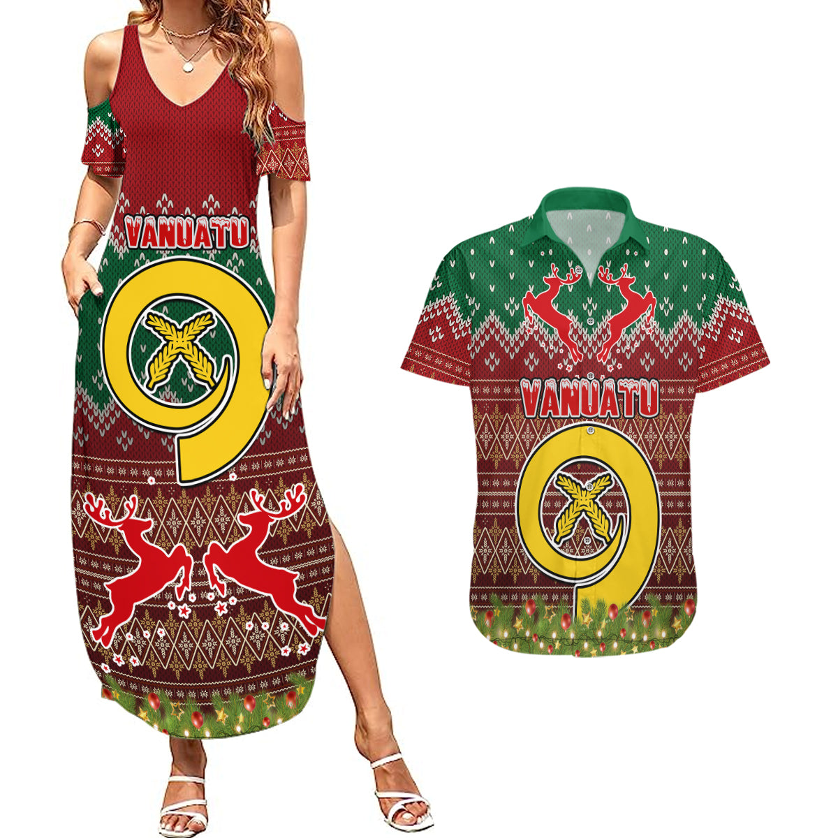 Vanuatu Christmas Couples Matching Summer Maxi Dress and Hawaiian Shirt Pig Tusk Beautiful Merry Xmas Snowflake LT03 Red - Polynesian Pride