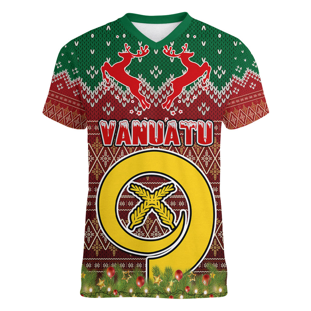 Vanuatu Christmas Women V Neck T Shirt Pig Tusk Beautiful Merry Xmas Snowflake LT03 Female Red - Polynesian Pride