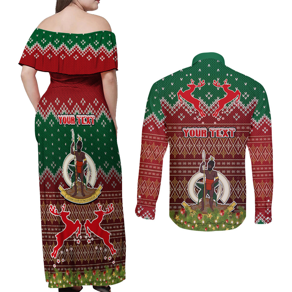 Personalised Vanuatu Christmas Couples Matching Off Shoulder Maxi Dress and Long Sleeve Button Shirts Pig Tusk Beautiful Merry Xmas Snowflake LT03 - Polynesian Pride
