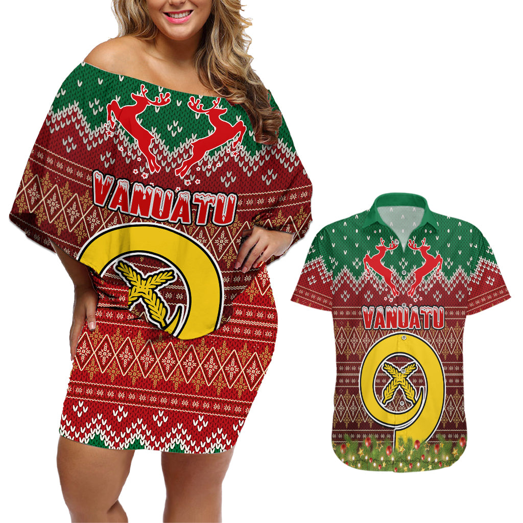 Personalised Vanuatu Christmas Couples Matching Off Shoulder Short Dress and Hawaiian Shirt Pig Tusk Beautiful Merry Xmas Snowflake LT03 Red - Polynesian Pride