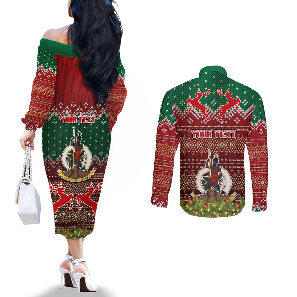 Personalised Vanuatu Christmas Couples Matching Off The Shoulder Long Sleeve Dress and Long Sleeve Button Shirts Pig Tusk Beautiful Merry Xmas Snowflake LT03 - Polynesian Pride