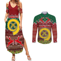 Personalised Vanuatu Christmas Couples Matching Summer Maxi Dress and Long Sleeve Button Shirts Pig Tusk Beautiful Merry Xmas Snowflake LT03 Red - Polynesian Pride