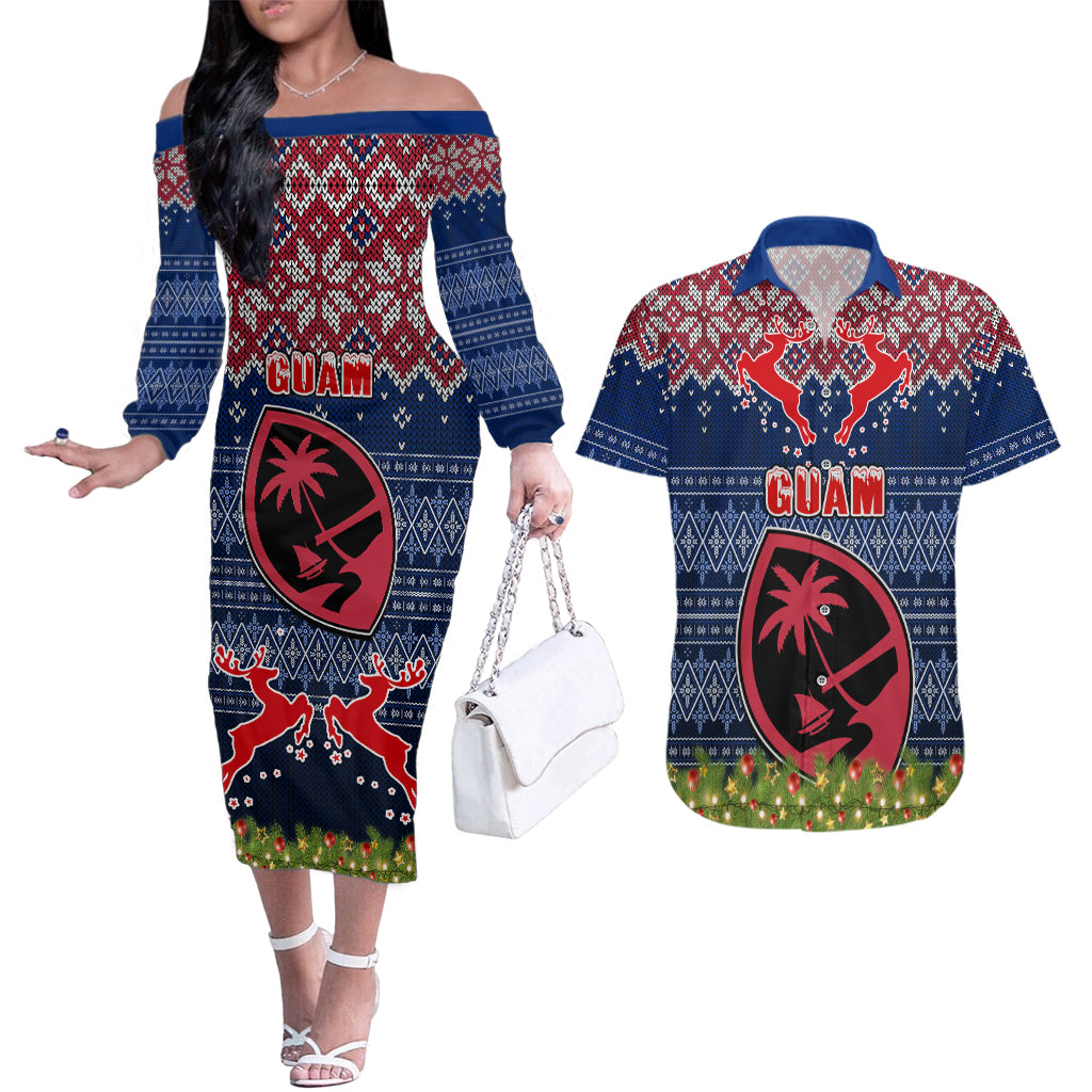 Guam Christmas Couples Matching Off The Shoulder Long Sleeve Dress and Hawaiian Shirt Chamorro Guam Tattoos Beautiful Merry Xmas Snowflake LT03 Blue - Polynesian Pride