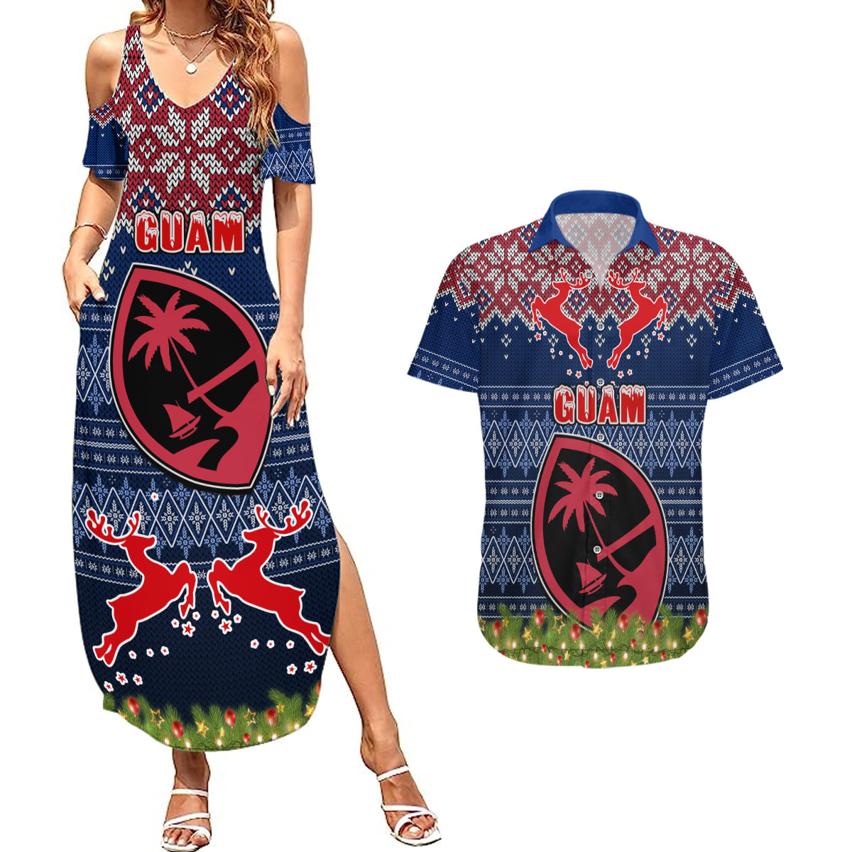 Guam Christmas Couples Matching Summer Maxi Dress and Hawaiian Shirt Chamorro Guam Tattoos Beautiful Merry Xmas Snowflake LT03 Blue - Polynesian Pride