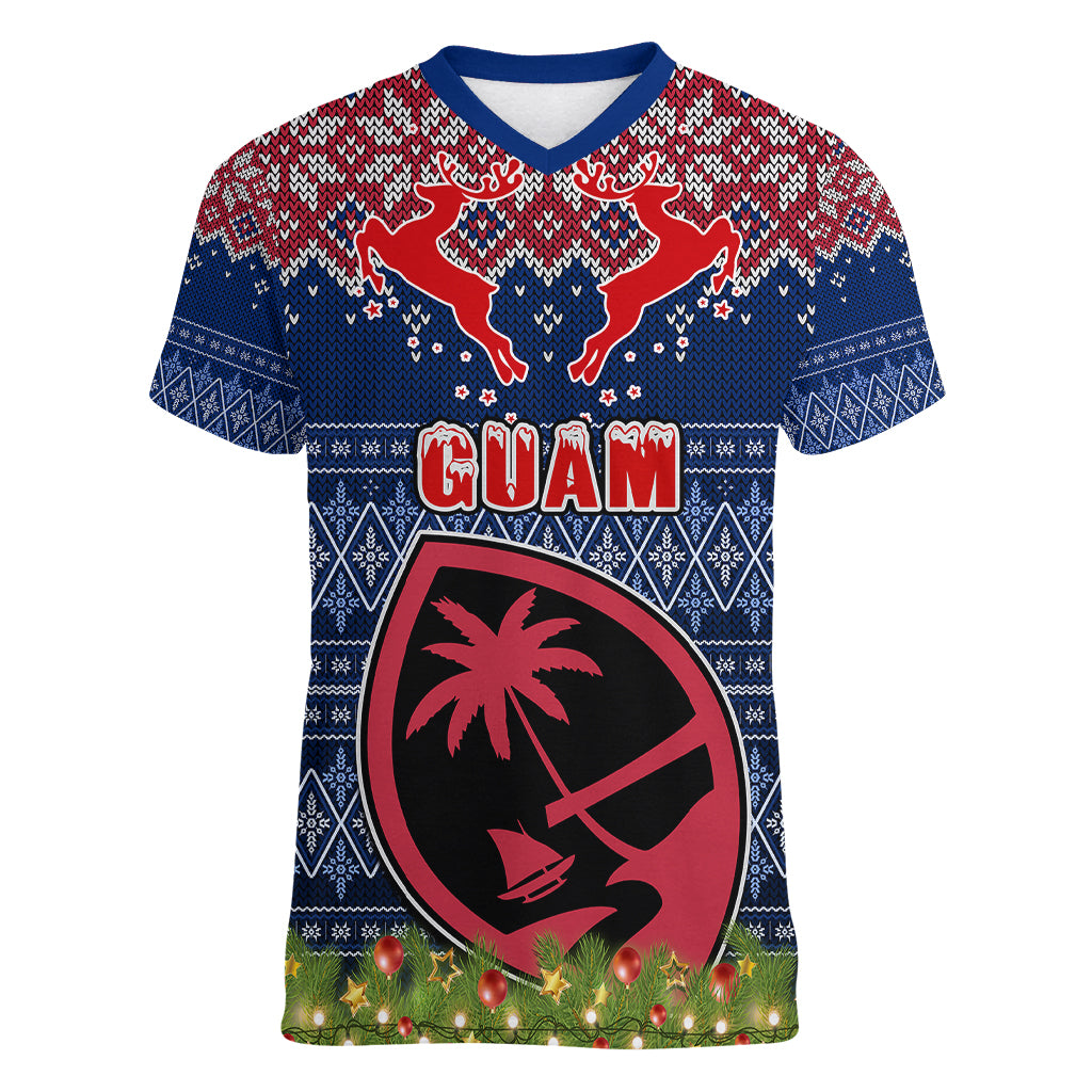 Guam Christmas Women V Neck T Shirt Chamorro Guam Tattoos Beautiful Merry Xmas Snowflake LT03 Female Blue - Polynesian Pride