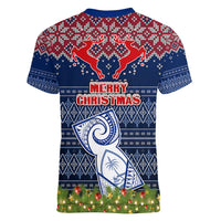 Guam Christmas Women V Neck T Shirt Chamorro Guam Tattoos Beautiful Merry Xmas Snowflake LT03 - Polynesian Pride