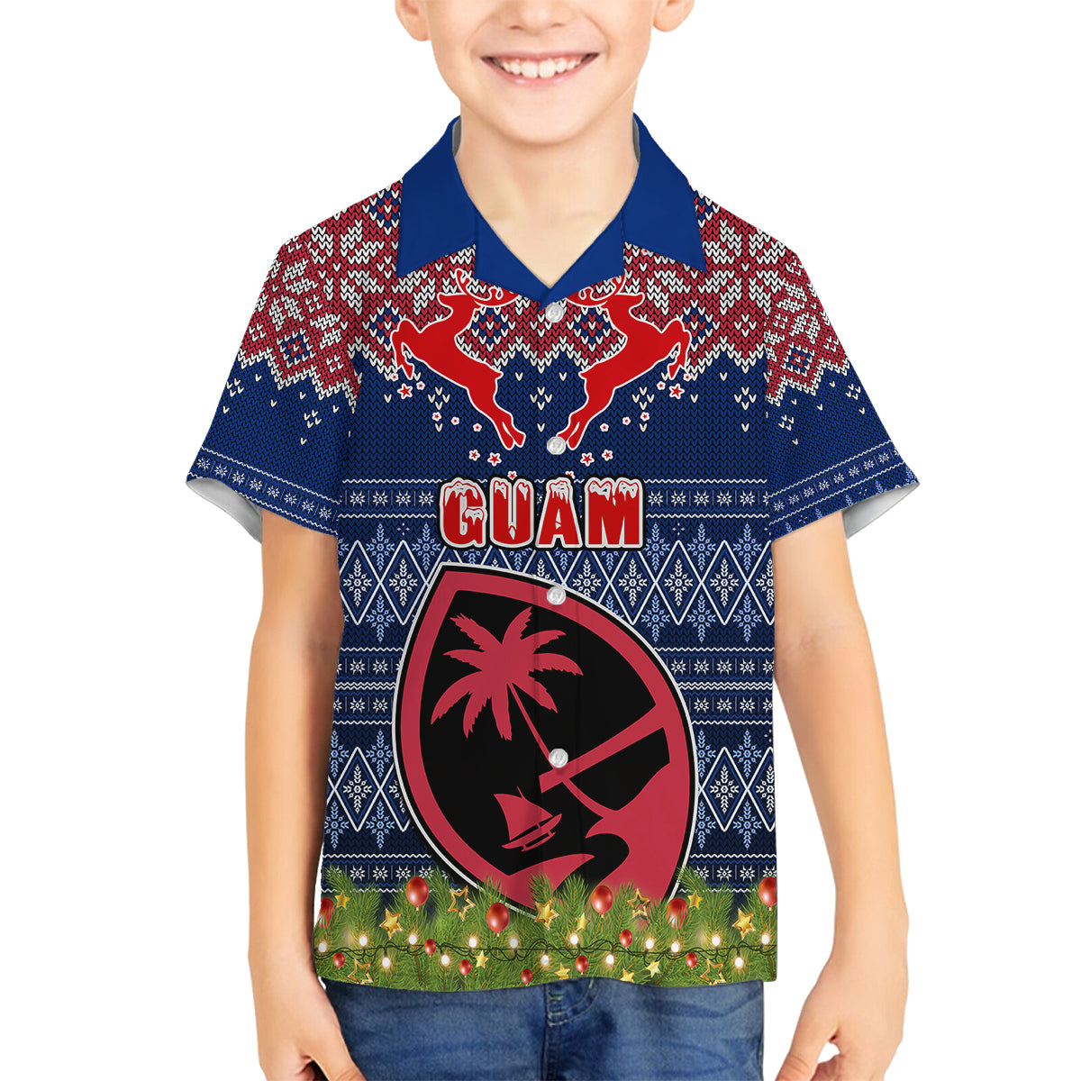 Personalised Guam Christmas Family Matching Off Shoulder Short Dress and Hawaiian Shirt Chamorro Guam Tattoos Beautiful Merry Xmas Snowflake LT03 Son's Shirt Blue - Polynesian Pride