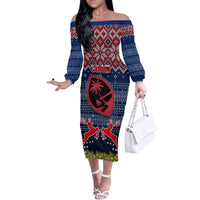 Personalised Guam Christmas Off The Shoulder Long Sleeve Dress Chamorro Guam Tattoos Beautiful Merry Xmas Snowflake LT03 Women Blue - Polynesian Pride