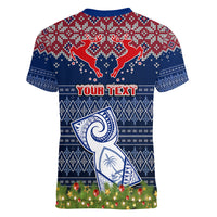 Personalised Guam Christmas Women V Neck T Shirt Chamorro Guam Tattoos Beautiful Merry Xmas Snowflake LT03 - Polynesian Pride