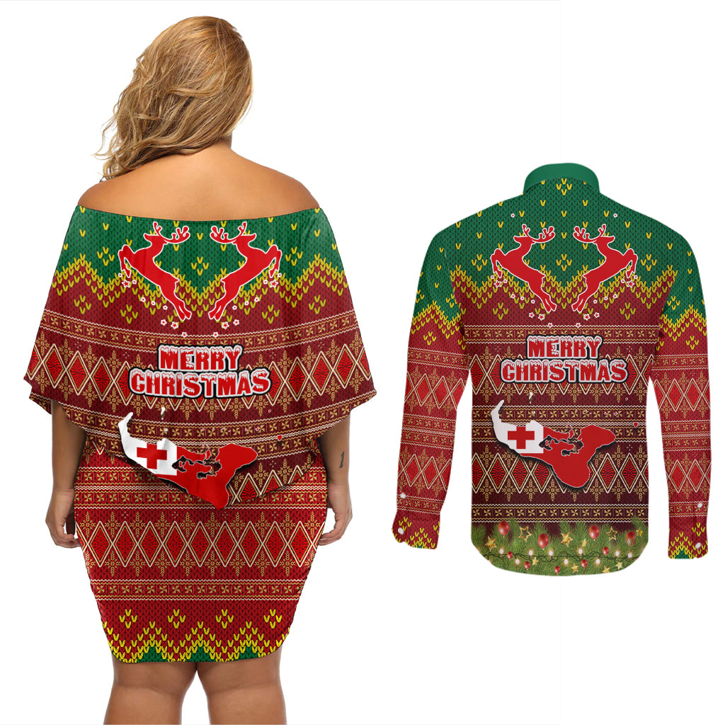 Tonga Christmas Couples Matching Off Shoulder Short Dress and Long Sleeve Button Shirts Coat of Arms and Map Beautiful Merry Xmas Snowflake LT03 - Polynesian Pride
