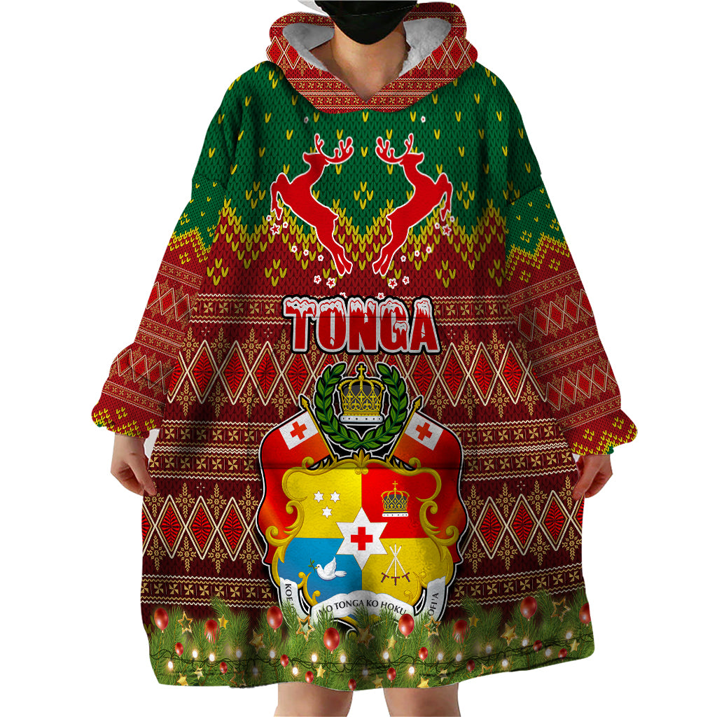 Tonga Christmas Wearable Blanket Hoodie Coat of Arms and Map Beautiful Merry Xmas Snowflake LT03 - Polynesian Pride