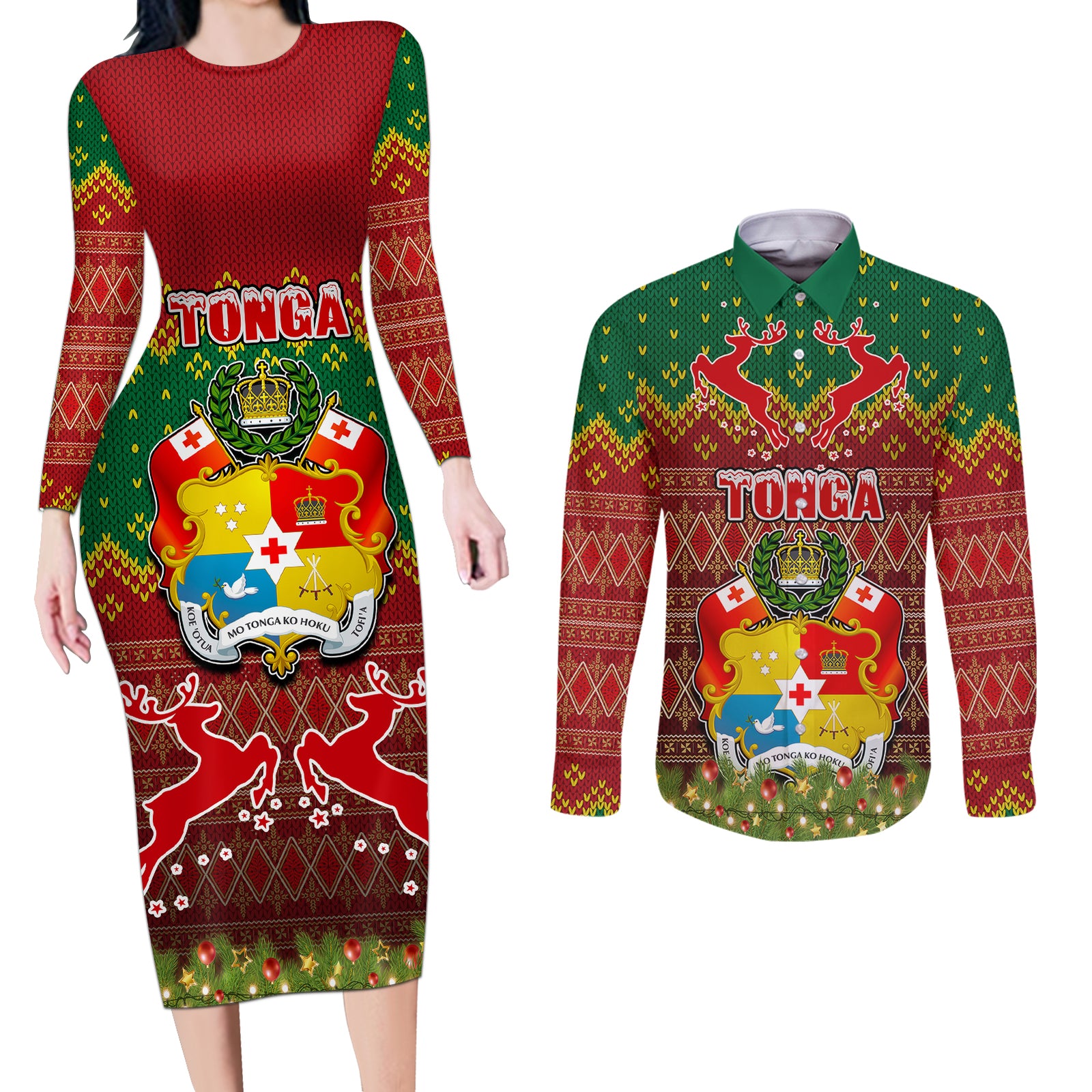 Personalised Tonga Christmas Couples Matching Long Sleeve Bodycon Dress and Long Sleeve Button Shirts Coat of Arms and Map Beautiful Merry Xmas Snowflake LT03 Red - Polynesian Pride