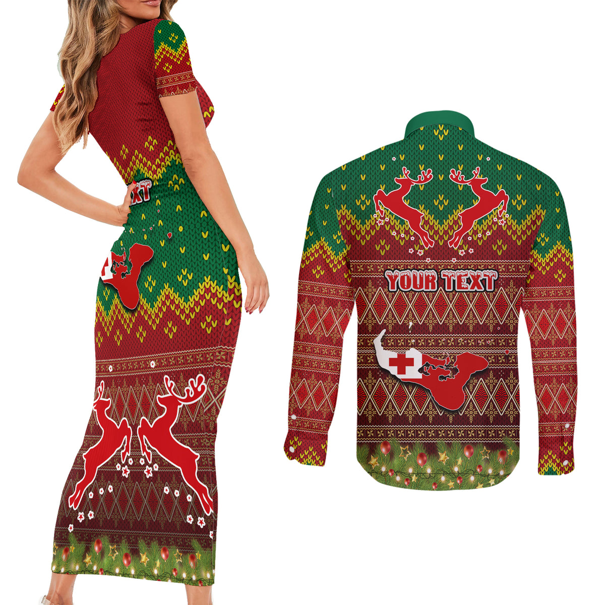 Personalised Tonga Christmas Couples Matching Short Sleeve Bodycon Dress and Long Sleeve Button Shirts Coat of Arms and Map Beautiful Merry Xmas Snowflake LT03 - Polynesian Pride