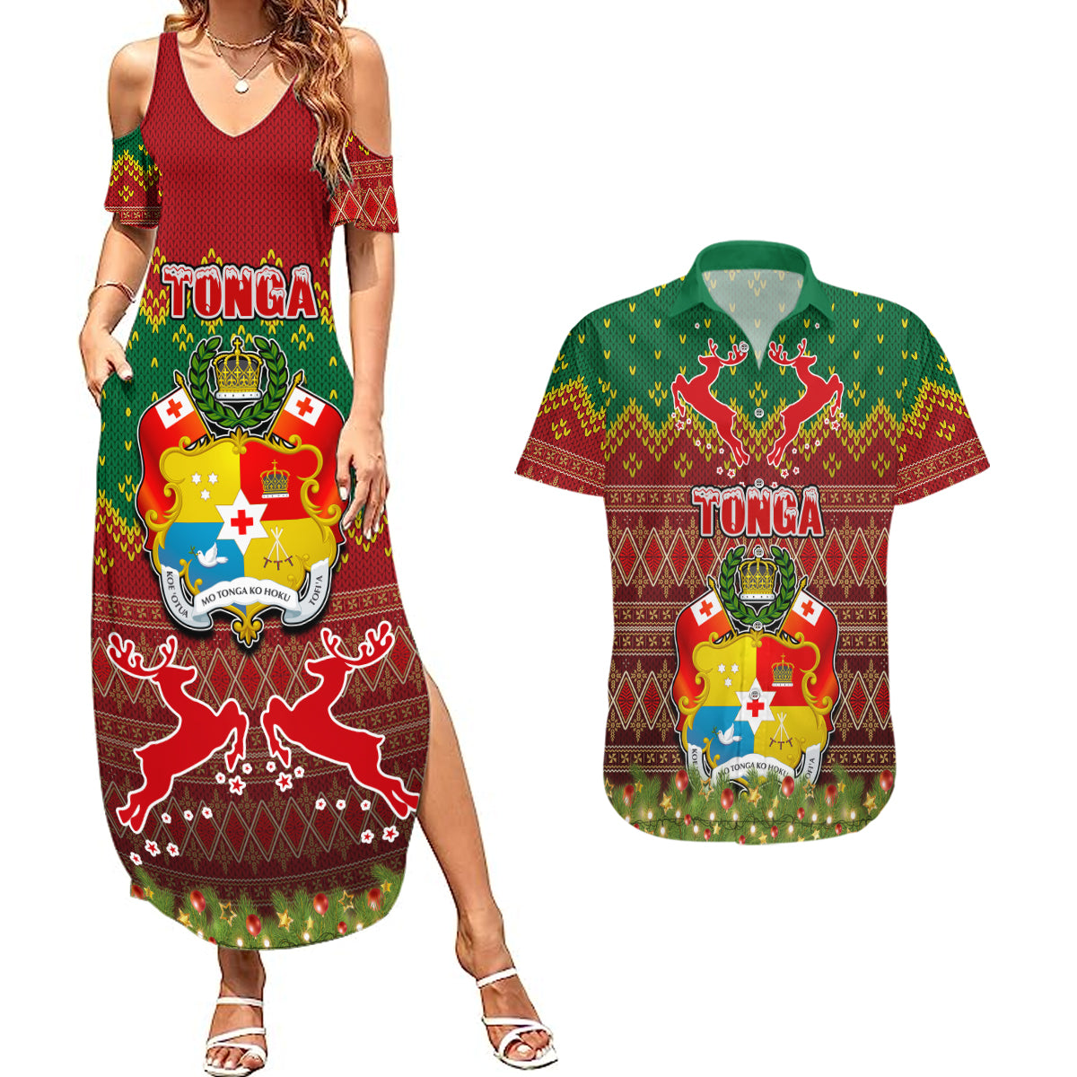 Personalised Tonga Christmas Couples Matching Summer Maxi Dress and Hawaiian Shirt Coat of Arms and Map Beautiful Merry Xmas Snowflake LT03 Red - Polynesian Pride