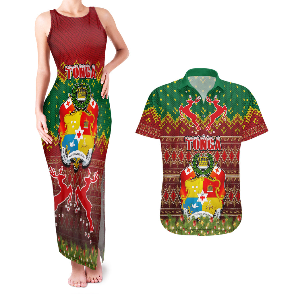 Personalised Tonga Christmas Couples Matching Tank Maxi Dress and Hawaiian Shirt Coat of Arms and Map Beautiful Merry Xmas Snowflake LT03 Red - Polynesian Pride