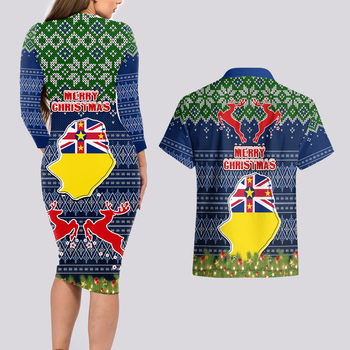 Niue Christmas Couples Matching Long Sleeve Bodycon Dress and Hawaiian Shirt Coat of Arms and Map Beautiful Merry Xmas Snowflake LT03 - Polynesian Pride