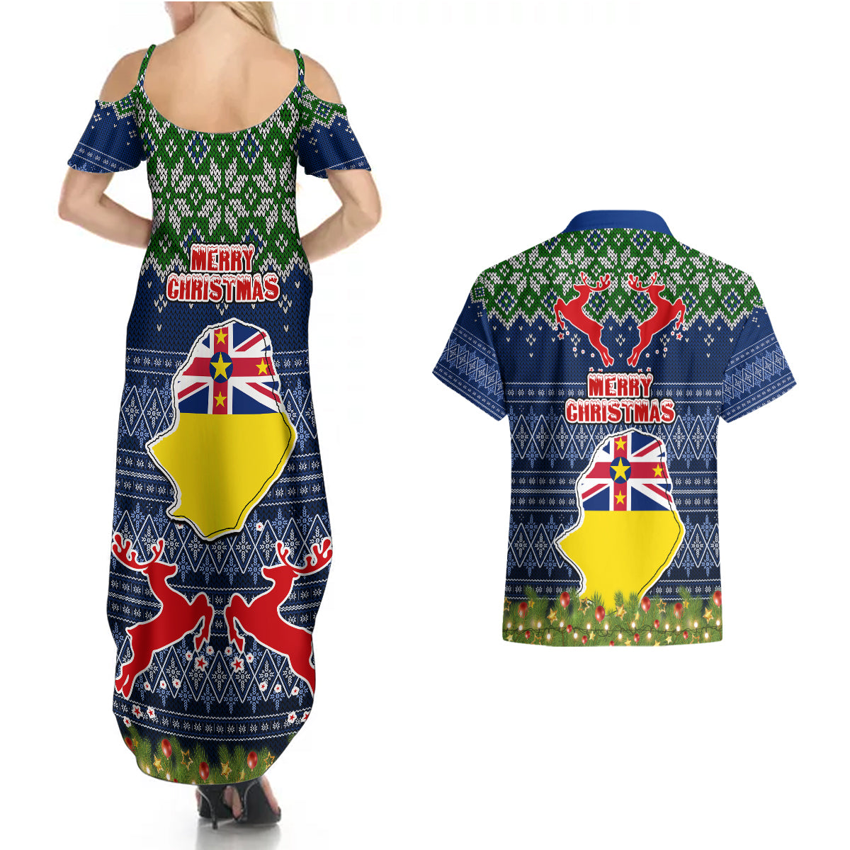 Niue Christmas Couples Matching Summer Maxi Dress and Hawaiian Shirt Coat of Arms and Map Beautiful Merry Xmas Snowflake LT03 - Polynesian Pride