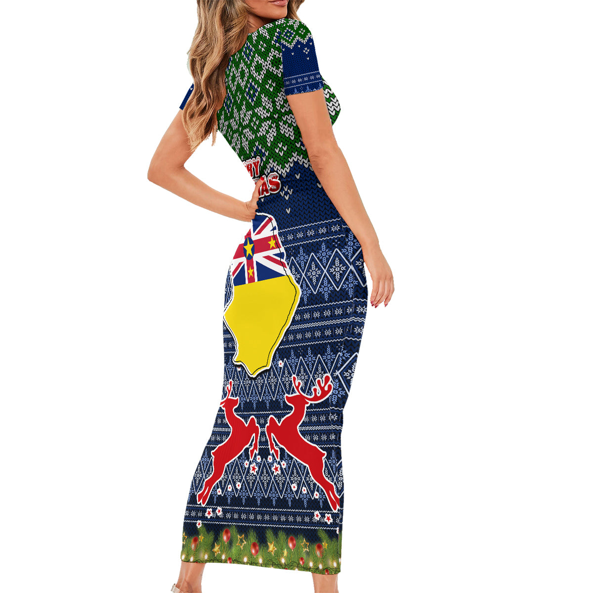 Niue Christmas Family Matching Short Sleeve Bodycon Dress and Hawaiian Shirt Coat of Arms and Map Beautiful Merry Xmas Snowflake LT03 - Polynesian Pride