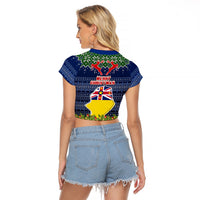 Niue Christmas Raglan Cropped T Shirt Coat of Arms and Map Beautiful Merry Xmas Snowflake LT03 - Polynesian Pride