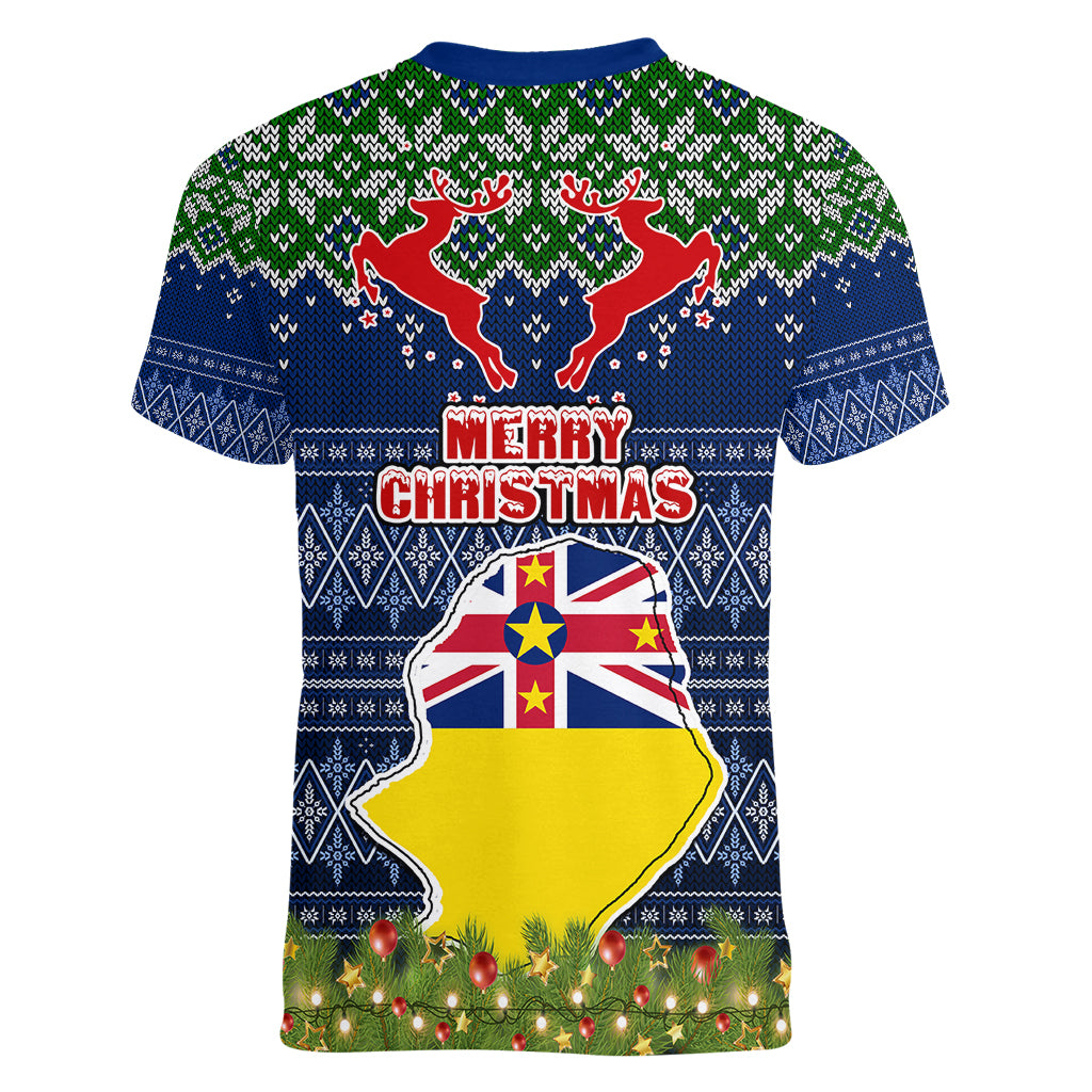 Niue Christmas Women V Neck T Shirt Coat of Arms and Map Beautiful Merry Xmas Snowflake LT03 - Polynesian Pride